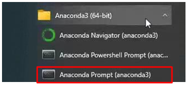 Start menu showing Anaconda3 (64-bit) folder and Anaconda Prompt (anaconda3) highlighted