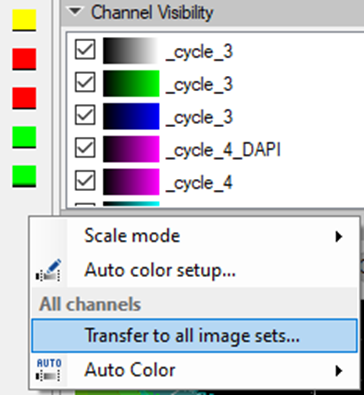 Channel Visibility menu with 'Transfer to all image sets...' highlighted and options 'Scale mode' and 'Auto color setup...'