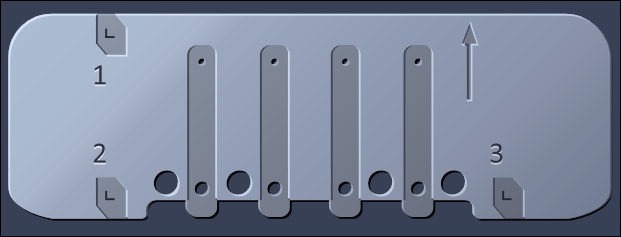 Rectangular strip with five vertical tabs over matching round holes, labeled 1 2 3 and small L marks and upward arrow