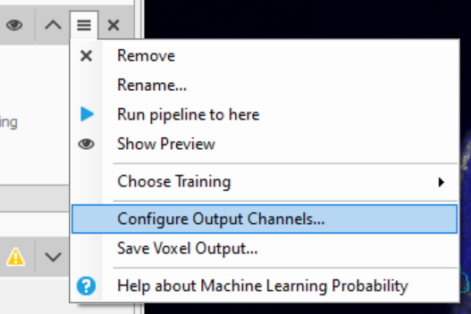 Context menu showing options including Remove, Rename..., Run pipeline to here, Configure Output Channels highlighted, Save Voxel Output