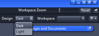 Software toolbar showing Design dropdown set to Dark with options Dark/Light, Workspace Zoom slider and Reset button