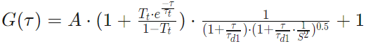One Component 3D autocorrelation equation for G(τ) showing parameters A, Tt, τ, τd1, S