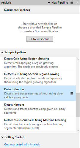 Analysis panel with '+ New Pipeline' button and Sample Pipelines list showing 'Detect Neurites' selected.