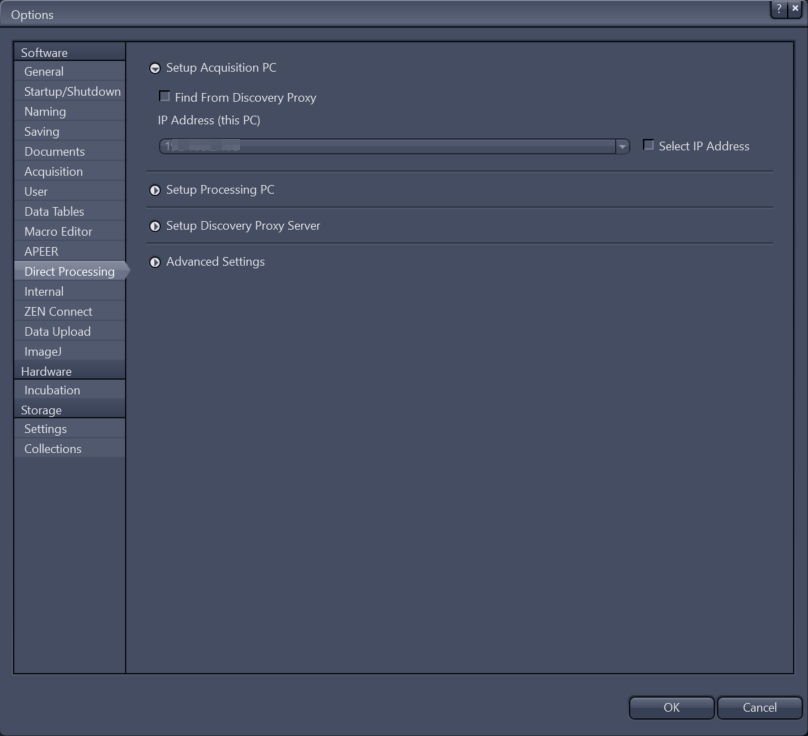 Options dialog Setup Acquisition PC with IP Address field and Select IP Address checkbox