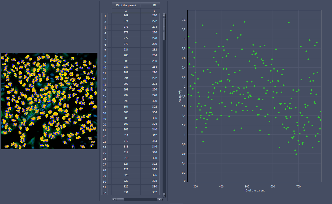 Fluorescent cell image with yellow outlines left, center table of parent IDs, right scatter plot ID of the parent vs Area