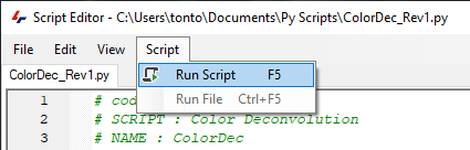 Script Editor window showing file ColorDec_Rev1.py and an open Script menu with Run Script F5 highlighted