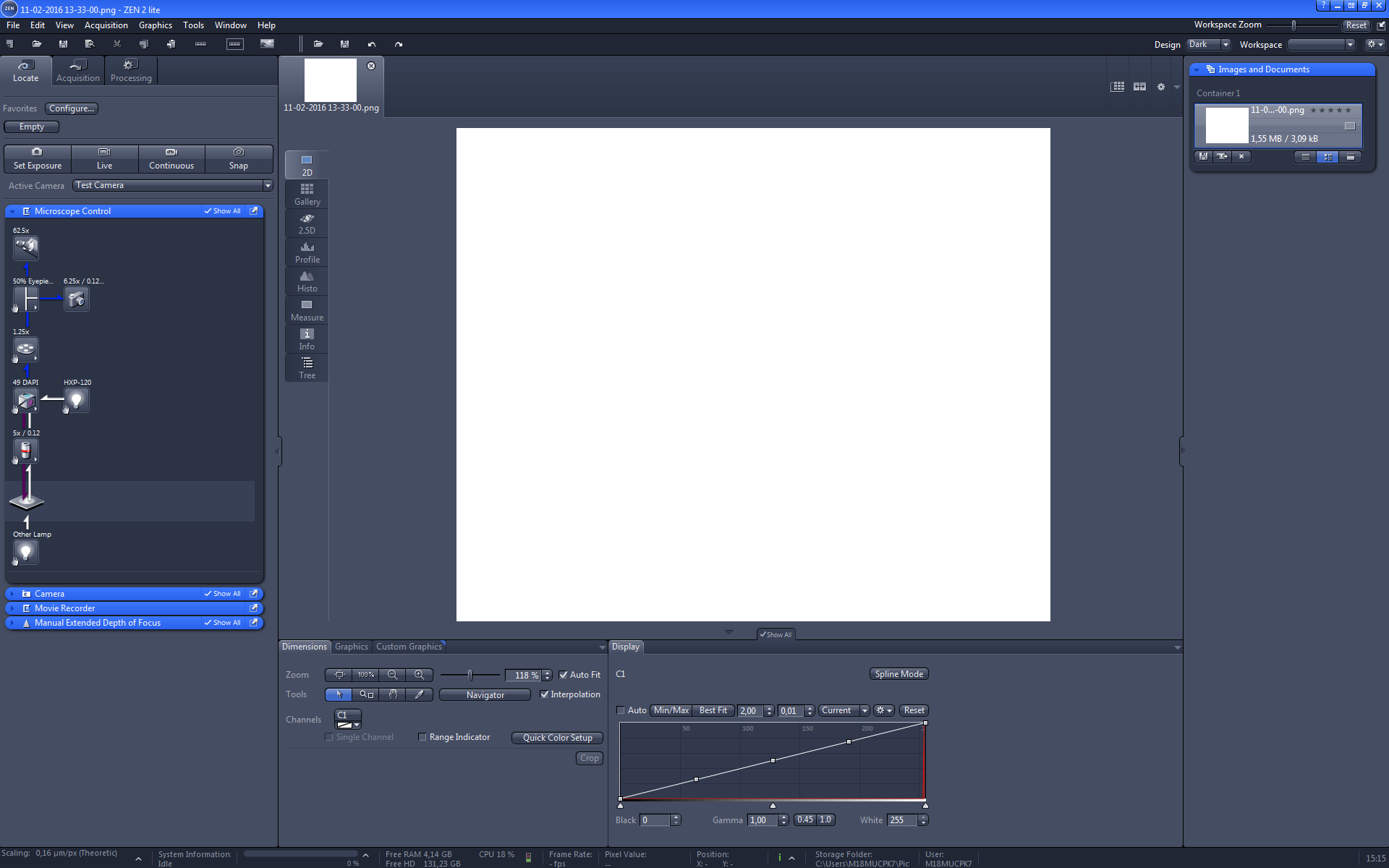 ZEN 2 lite screenshot with central white canvas, left 'Microscope Control' panel and right 'Images and Documents' pane