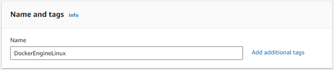 Name and tags panel showing Name field value 'DockerEngineLinux' and Add additional tags link