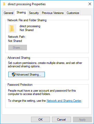 Folder 'direct processing' Properties Sharing tab showing 'Not Shared' and an Advanced Sharing button