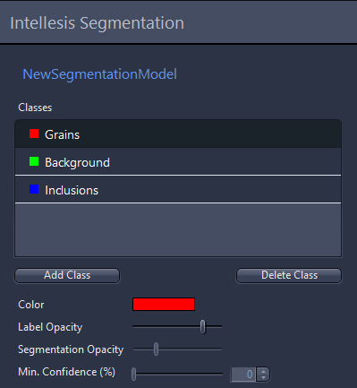 Intellesis Segmentation panel NewSegmentationModel; Classes Grains, Background, Inclusions; color and opacity sliders
