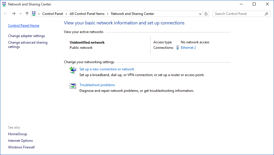 Network and Sharing Center showing 'Unidentified network' (Public) and 'No network access' on Ethernet 2