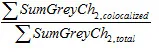 Formula for weighted correlation coefficient channel 2: Σ SumGreyCh2_colocalized / Σ SumGreyCh2_total