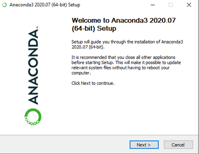 Welcome to Anaconda3 2020.07 (64-bit) Setup dialog with Anaconda logo and Next and Cancel buttons