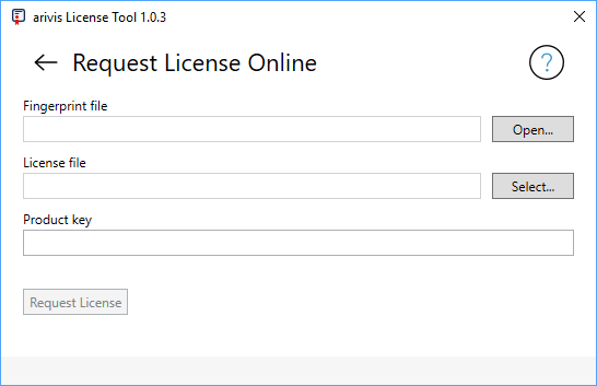 Request License Online dialog with Fingerprint file (Open), License file (Select), Product key and Request License button