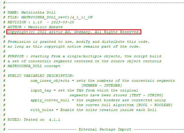 Screenshot of script header showing Matrioshka Doll and Copyright(c) 2021 arivis AG, Germany. All Rights Reserved.