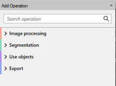 Add Operation dialog with search box and category list: Image processing, Segmentation, Use objects, Export