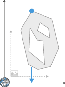 Irregular gray polygon with internal cutouts, blue top marker and downward blue arrow, axes and globe origin icon