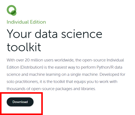 Page showing 'Individual Edition' and heading 'Your data science toolkit' with highlighted 'Download' button