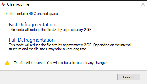 Clean-up File dialog: 40% unused space; Fast and Full Defragmentation options; warning icon; Cancel button