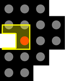 Black field of gray circles, yellow-outlined square with white rectangle and orange circle, white L-shaped cutout