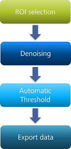 Flowchart of four steps: ROI selection → Denoising → Automatic Threshold → Export data