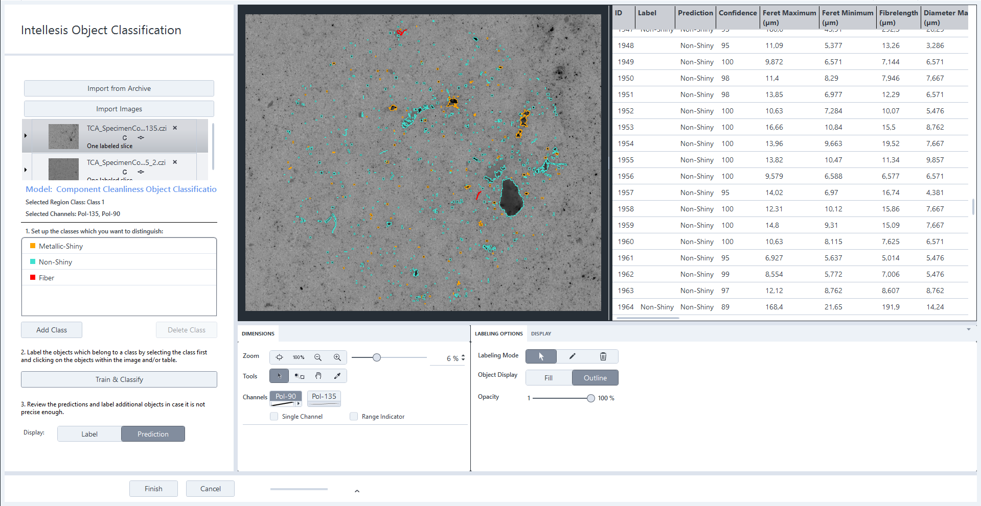 Intellesis Object Classification screenshot: grayscale image with orange, cyan, red outlines and a right results table