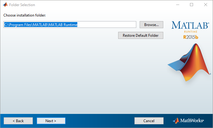 Folder Selection dialog with installation path 'C:\Program Files\MATLAB\MATLAB Runtime' highlighted and Browse button
