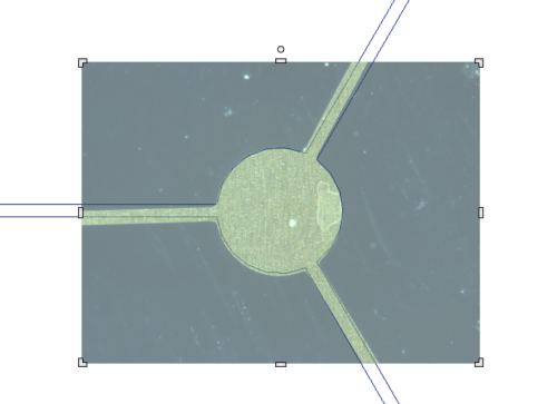 CAD Overlay with translucent rectangular image showing central circular pad and three radial arms over CAD outlines