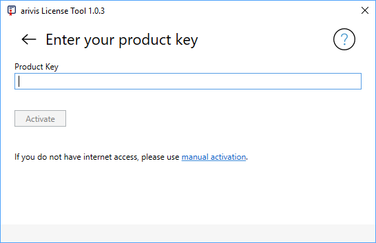arivis License Tool window titled Enter your product key with Product Key field, Activate button and manual activation link