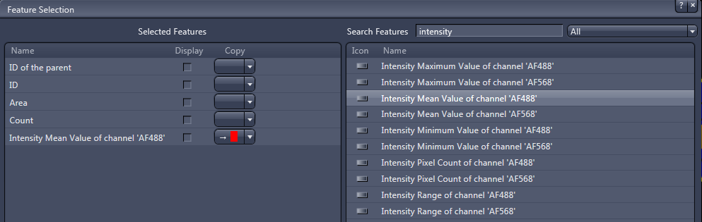 Feature Selection dialog showing Selected Features: ID of parent, ID, Area, Count, Intensity Mean of channel 'AF488'