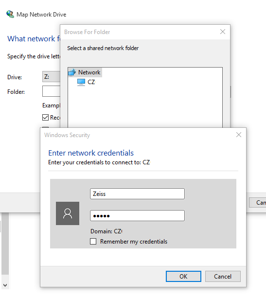 Windows Security dialog 'Enter network credentials' for CZ showing username Zeiss, masked password, Domain CZ, OK and Cancel
