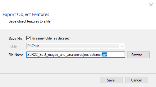 Export Object Features dialog: In same folder as dataset checked, File Name ends with .csv
