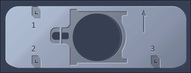 Rectangular plate with central circular cutout, small tab, labels 1 2 3 and several L marks and an upward arrow