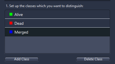 Dialog box listing classes: green Alive, red Dead, blue Merged with Add Class and Delete Class buttons