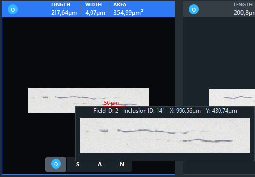 Gallery UI with elongated inclusion, red 50 µm scale; header LENGTH 217,64µm WIDTH 4,07µm; popup Field ID 2