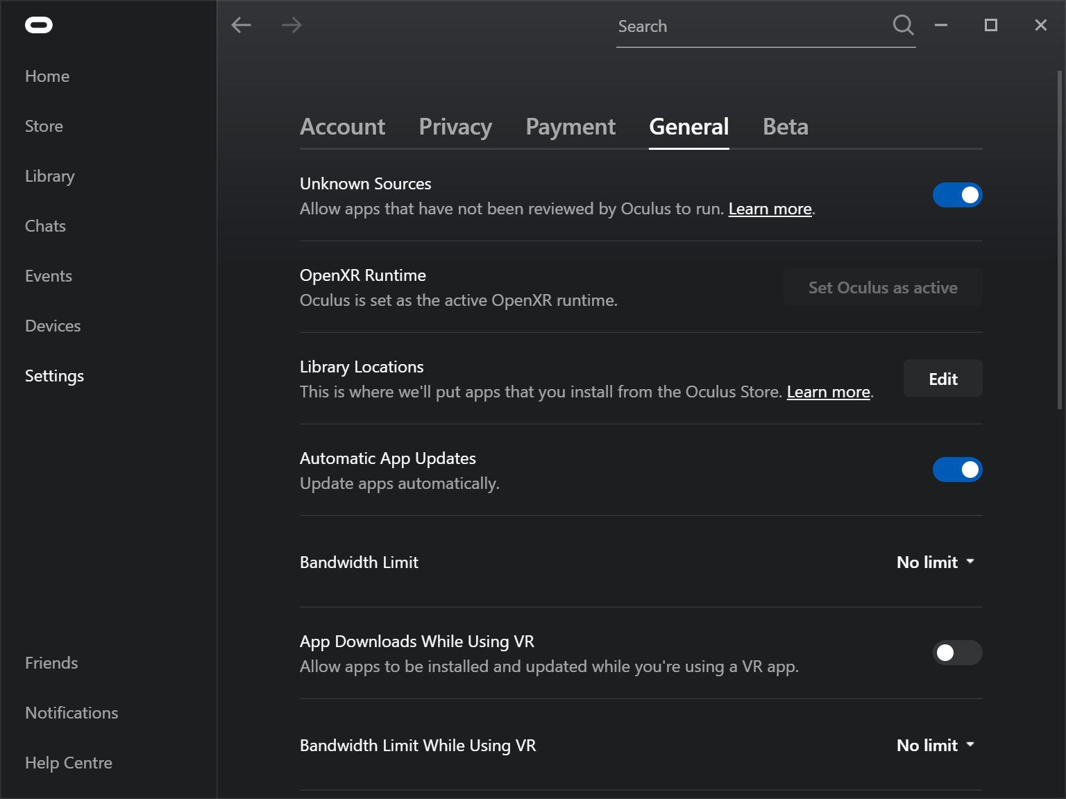General settings tab showing Unknown Sources on, Automatic App Updates on, App Downloads While Using VR off