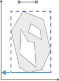 Gray irregular polygon with two inner cutouts inside dashed blue bounding box and blue horizontal arrows showing width
