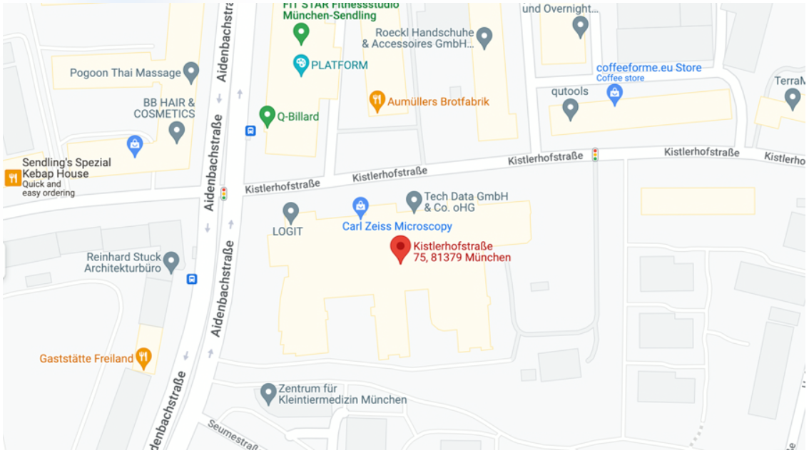 Map with red marker labeled Kistlerhofstraße 75, 81379 München near Carl Zeiss Microscopy
