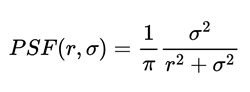 Formula PSF(r, σ) = 1/π · σ^2 / (r^2 + σ^2)
