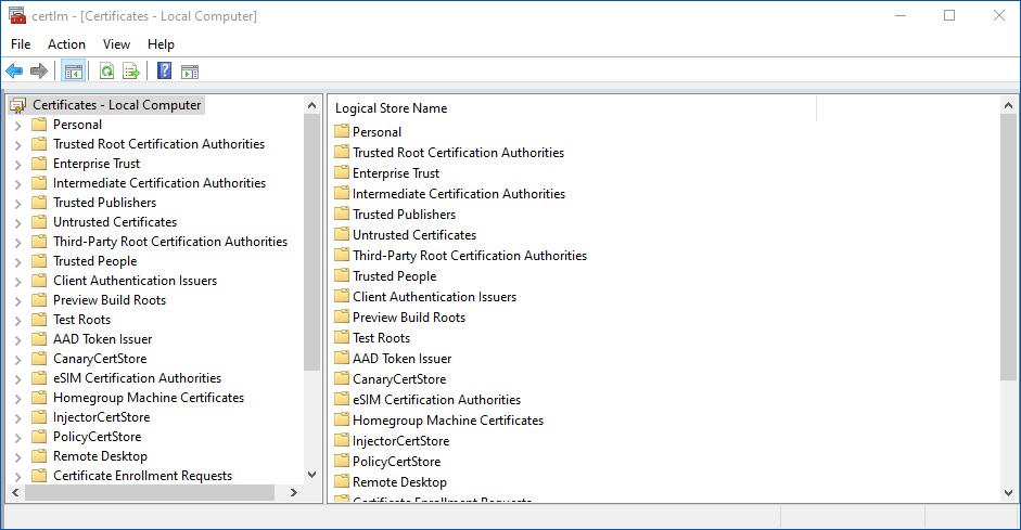 certlm window titled 'Certificates - Local Computer' showing left folder tree and Logical Store Name list with 'Personal' folder