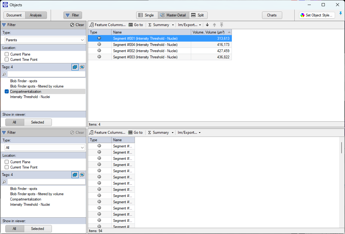 Objects window showing filter panel with Compartmentalization checked and table listing Segment #001–#004 volumes