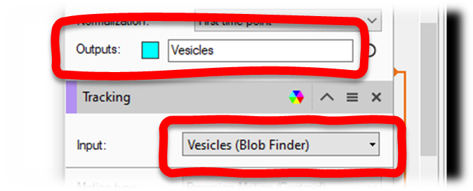 Software UI with red outlines highlighting Outputs: Vesicles and Input: Vesicles (Blob Finder) fields