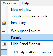 Window menu open with Panels highlighted and a checked item labeled T099_Gfp+24hdox_mis.sis