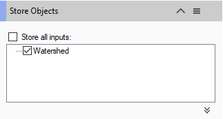 Dialog titled 'Store Objects' showing unchecked 'Store all inputs:' checkbox and checked 'Watershed' item.