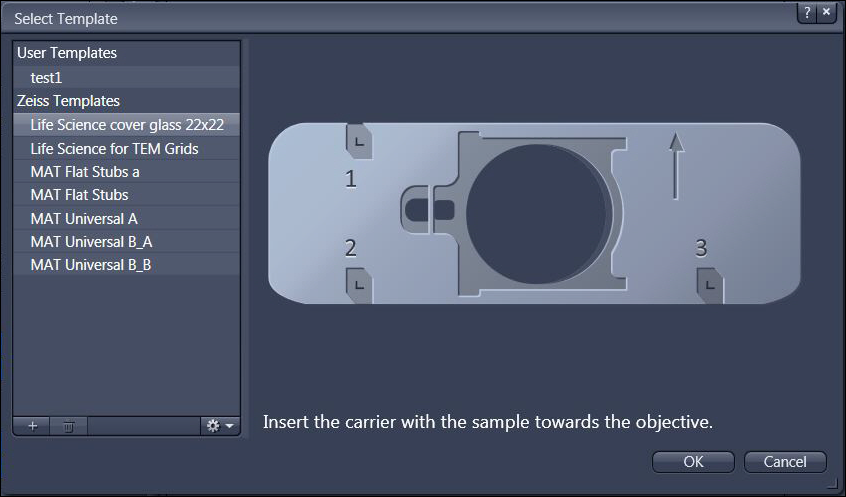 Select Template dialog with templates list and carrier diagram labeled 1,2,3, text: Insert carrier toward objective