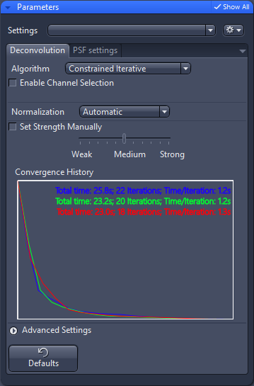 Parameters panel: Deconvolution Algorithm Constrained iterative, Normalization Automatic, Convergence graph