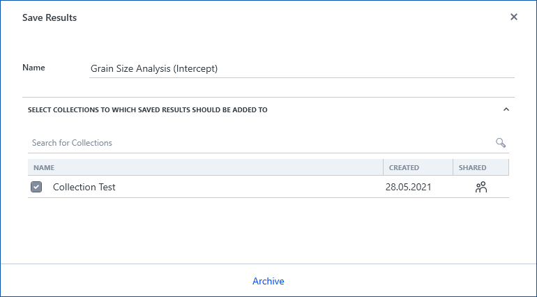 Save Results dialog with Name Grain Size Analysis (Intercept), checked collection Collection Test and Archive button