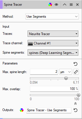 Spine Tracer dialog showing Use Segments, Neurite Tracer, Channel #1, Max spine length 2 µm, Max overlap 100%