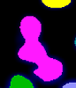 Magenta vertical blob with yellow semicircle at top, green blob lower-left and small blue dot on black background