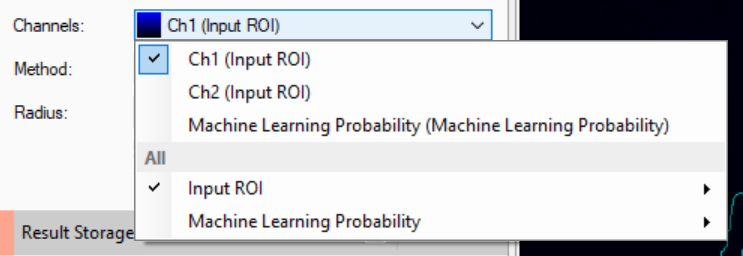 Channels dropdown with Ch1 (Input ROI) selected and options including Ch2 (Input ROI) and Machine Learning Probability
